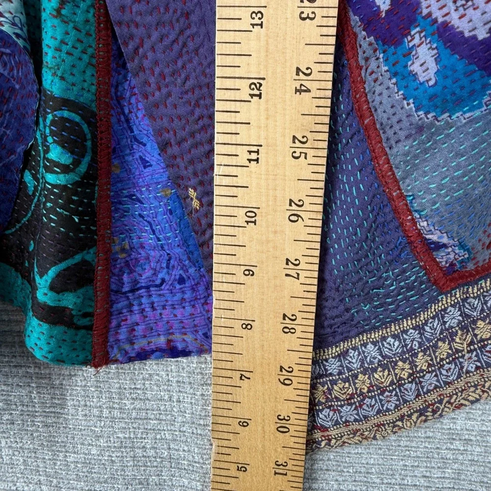 Mieko Mintz Kantha Silk Patchwork Jacket Womens Large Blue‎ Purple Boho Artisan
